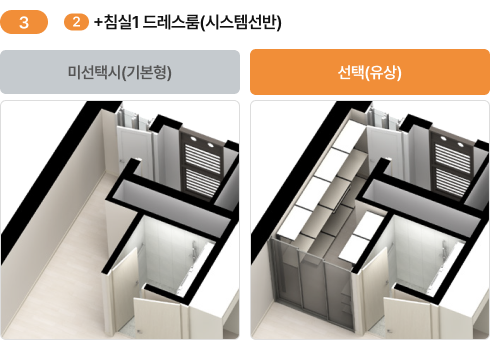 3. 2번 선택 후 침실1 드레스룸(시스템선반) 기본형·선택(유상) 비교